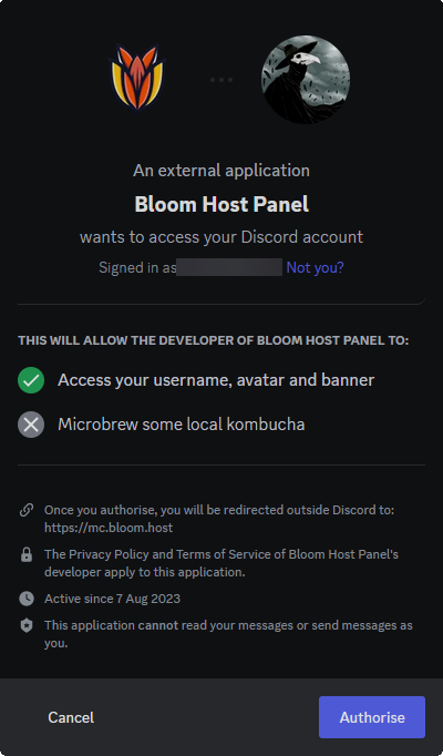 Discord's authorization page