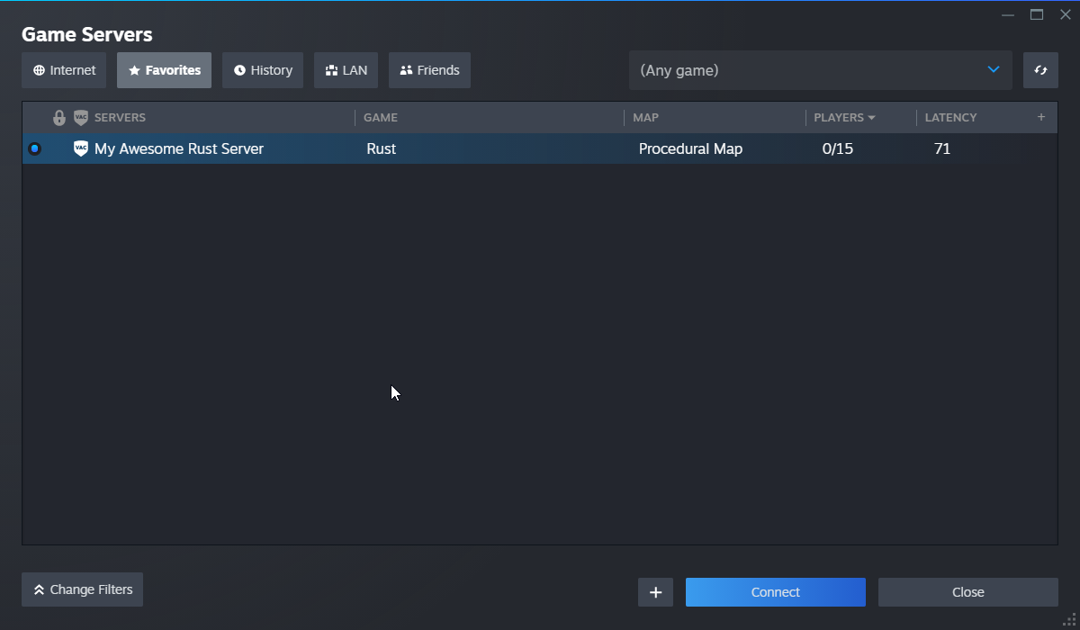 Steam list showing server